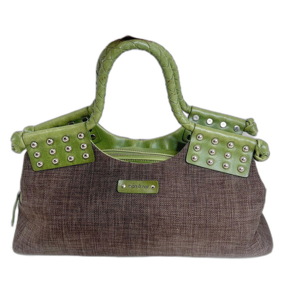 Matt & Natt Anthropologie Green Faux Leather Brown Studded Handbag Studded - Picture 1 of 13